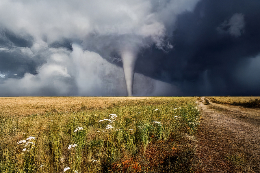 A tornado forms ominously over the farmland