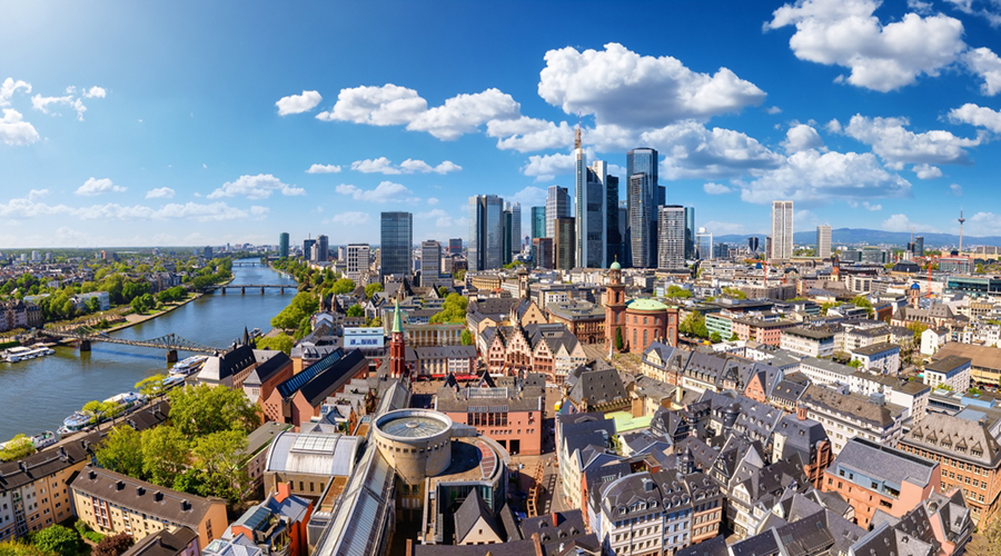 Wide, panoramic view of the skyline of Frankfurt, Germany